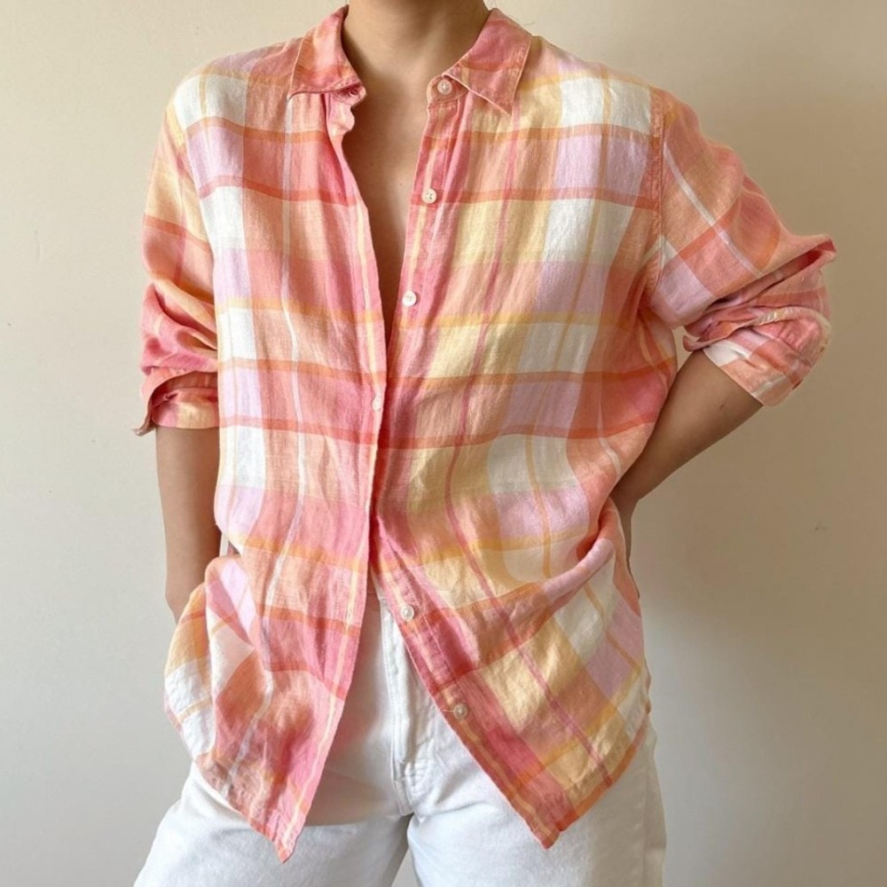 Cherokee 100% Linen Plaid Button Down Shirt Womens XL Pink Orange Top Classic